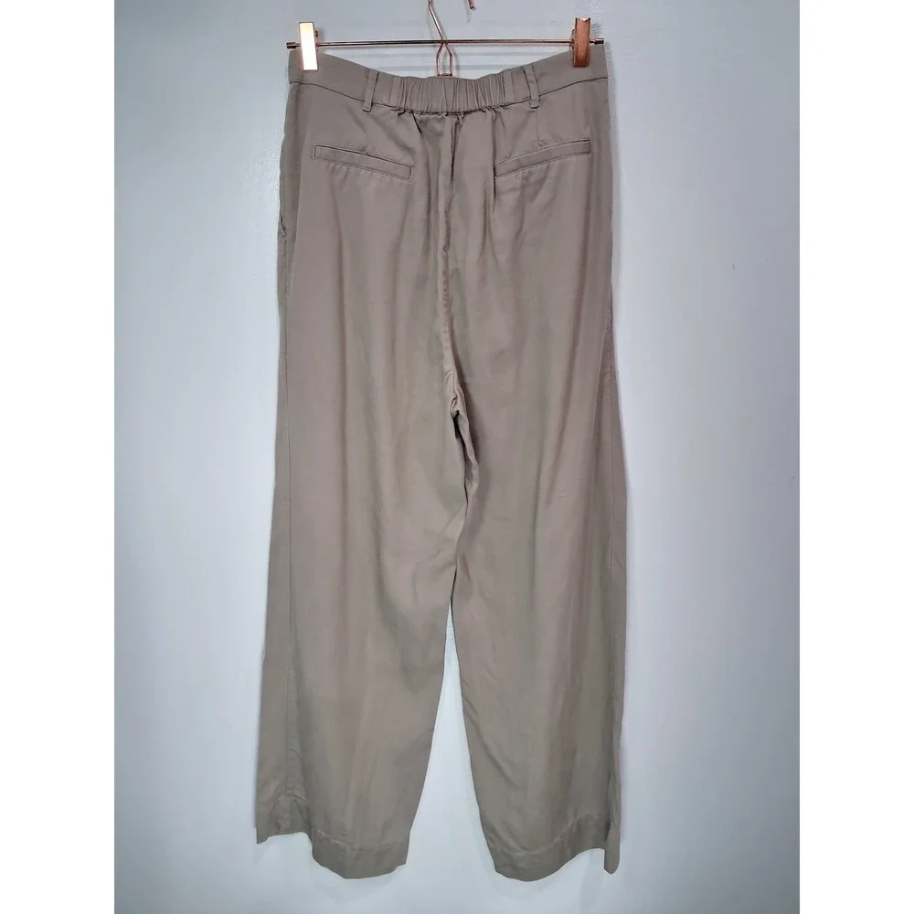 The Drop Womens Khaki Tan Tencel Lyocell Pleated Wide Leg Pants M Elastic Back